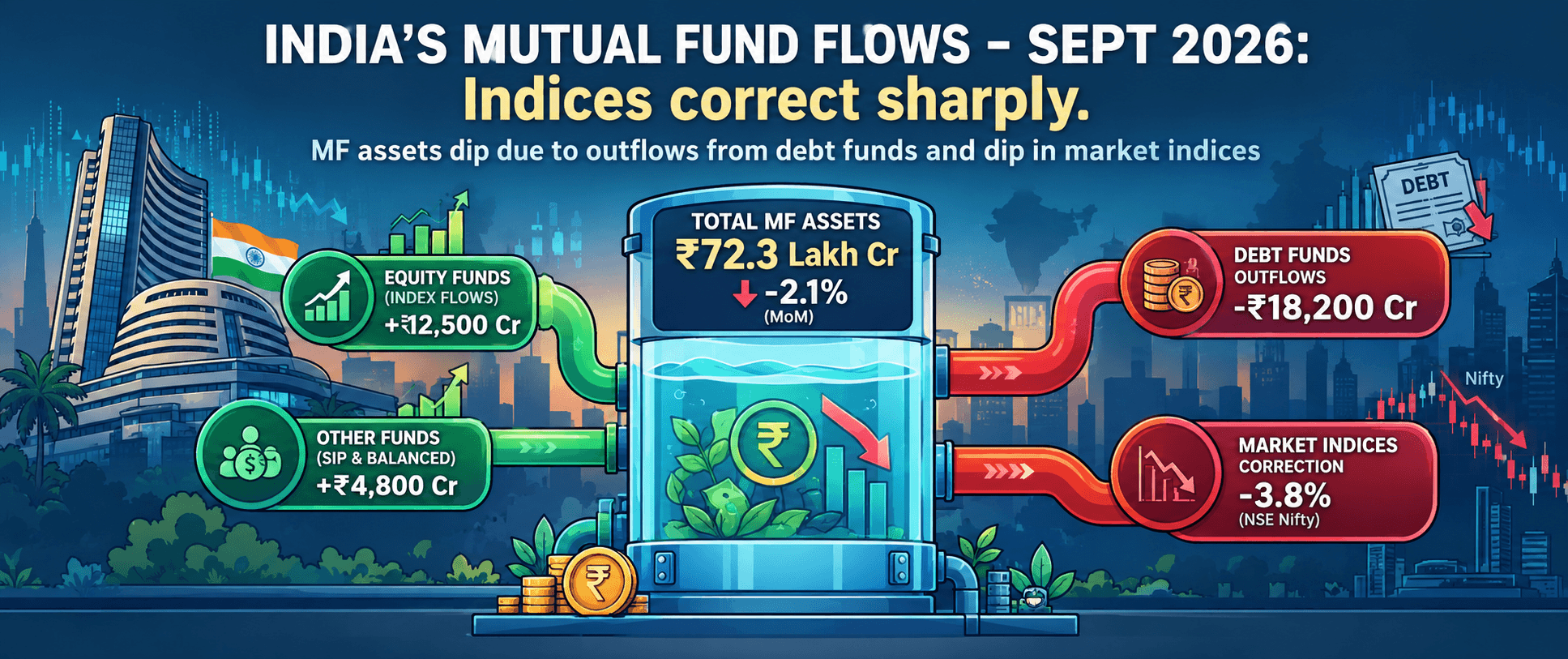India’s Mutual Fund Flows – Sept 2026: Indices correct sharply.  MF assets dip due to outflows from debt funds and dip in market indices